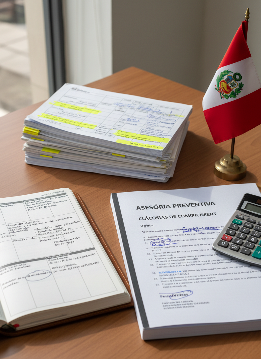 A detailed desktop scene in a legal office dedicated to preventive legal advisory work: a large, open planner filled with neatly written appointments in Spanish, a bound contract draft with visible headings like “Asesoría Preventiva” and “Cláusulas de Cumplimiento”, and a slim calculator placed beside annotated printouts of Peruvian administrative regulations. The desk surface is smooth matte walnut, with a small Peruvian flag in a brushed metal stand at the far corner. Natural daylight from a nearby window washes across the workspace, creating soft, directional light and mild shadows that emphasize the paper textures and ink markings. Photographic realism, shot from a slightly elevated angle with sharp focus across the frame, evokes diligence, foresight, and meticulous planning in legal services.