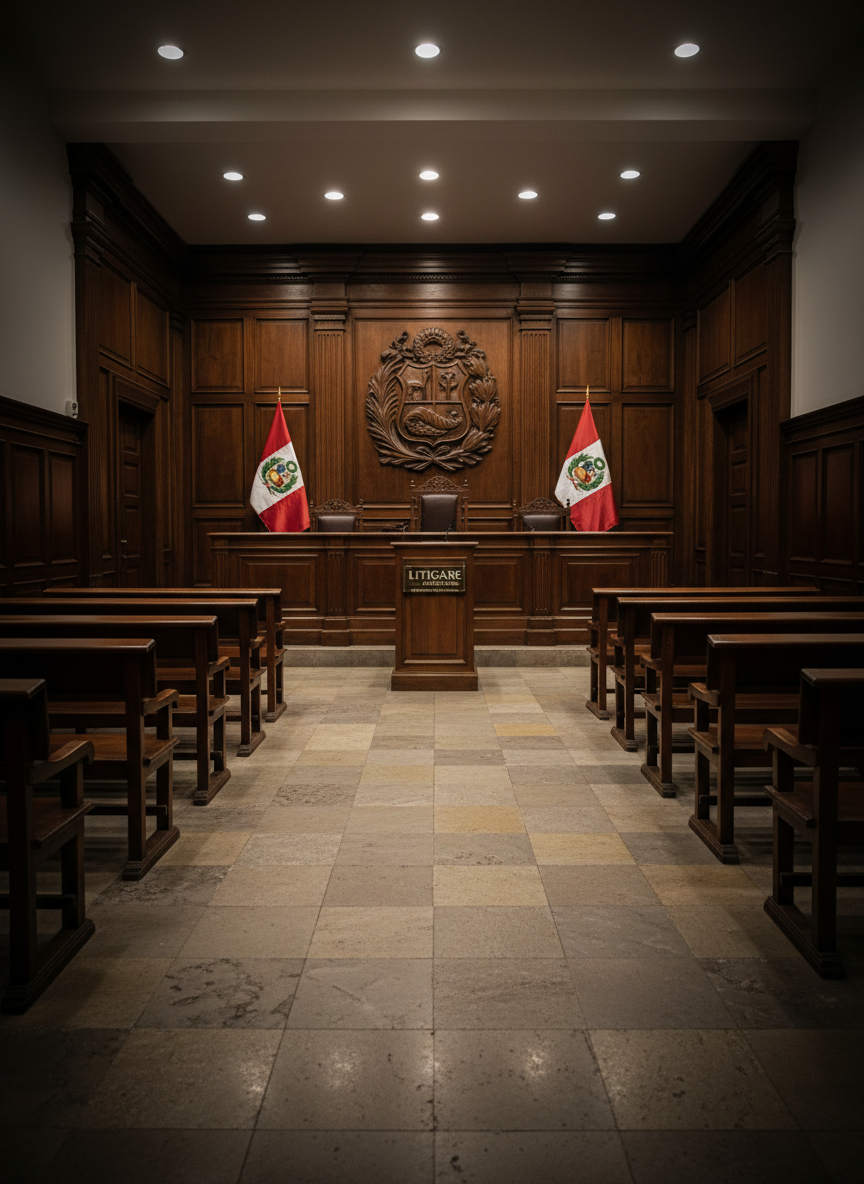 A solemn courtroom interior in Peru with dark polished wooden benches, a raised judge’s bench adorned with the Peruvian coat of arms in carved relief, and a central podium for litigants, all empty of people. The floor is a muted stone tile, and national red-and-white flags stand symmetrically on either side of the judge’s bench. Overhead, recessed warm lighting softly illuminates the wood grain and architectural details, while the far corners fall into gentle shadow. Photographic realism with a wide-angle, eye-level composition emphasizes depth, leading the viewer’s eye toward the judge’s bench. The mood is serious, respectful, and institutional, highlighting the firm’s experience in litigating before administrative and judicial tribunals.