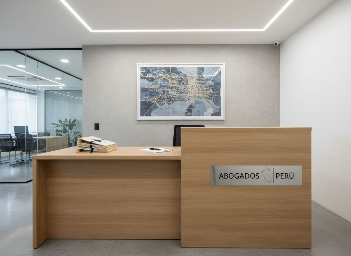 A modern law office reception desk made of light oak with a smooth matte finish, featuring a minimalist metal nameplate engraved with “Abogados Perú” and a subtle outline of Peru in brushed steel. On the desk rests a neatly stacked bundle of legal folders tied with a thin navy ribbon and a closed black fountain pen on a crisp white notepad. Behind the desk, a textured light-gray wall displays an abstract framed map of Lima’s legal districts. Soft, even LED ceiling lighting creates a clean, shadow-free environment. Photographic realism with a wide-angle, slightly elevated composition captures the entire front area, conveying a welcoming, highly professional, and contemporary Peruvian legal practice.