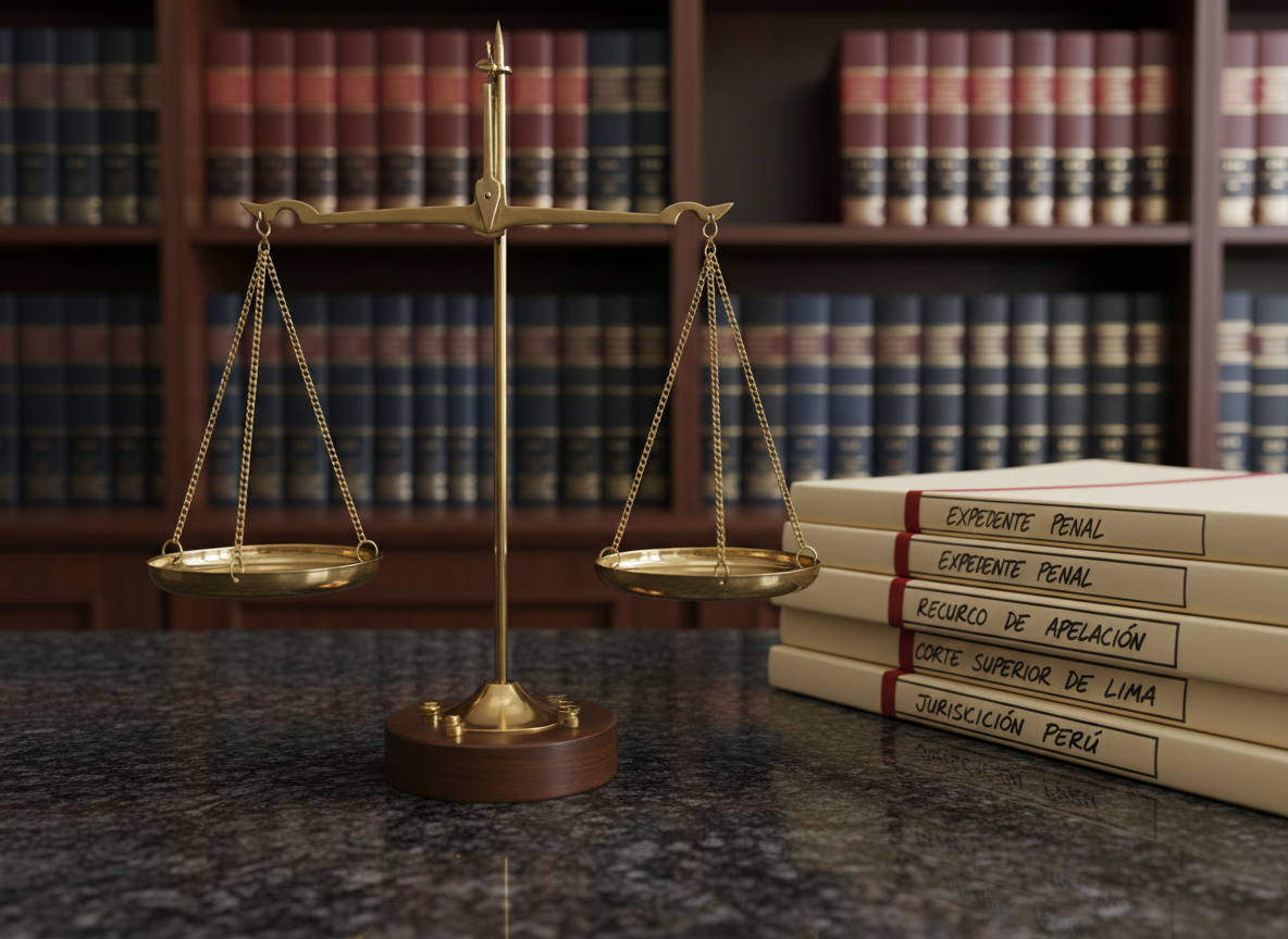 A close-up of an elegant set of legal scales crafted from brushed brass, perfectly balanced atop a dark granite desk, next to a stack of neatly arranged case files labeled with Spanish legal terms and subtle references to Peruvian jurisdictions. In the background, slightly out of focus, a large wooden bookcase displays thick legal treatises and Peruvian codes bound in burgundy and navy. Warm, diffused office lighting from above creates soft highlights on the metal and stone textures, casting gentle shadows that emphasize precision and balance. Shot with a centered composition and shallow depth of field in photographic realism, the atmosphere is calm, meticulous, and authoritative, ideal for representing integral legal defense and justice.